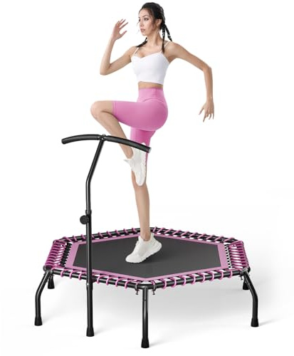The Fellie Rebounder Trampolin für Erwachsene, 121,9 cm, Mini-Trampolin mit verstellbarem T-Griff, Indoor-Outdoor, Fitness-Trampoline, kleiner Bungee-Rebounder für Workout-Übungen, Rosa