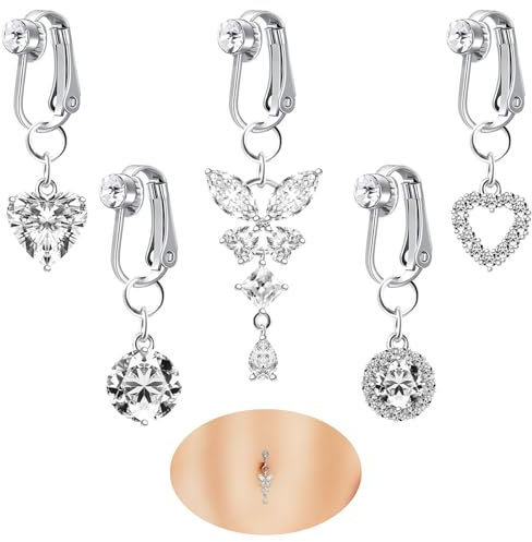 yumcute 4/5 Stück Fake Bauchnabelpiercing, Fake Piercing bauchnabel, Silber Bauchnabelpiercing Chirurgenstahl Clip Herz Kristallkugel Schmetterling Blume Anhänger für Damen Frauen