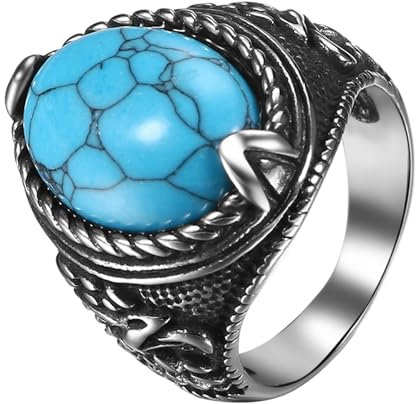 JewelryWe Türkis Ring Herren Siegelring: Vintage Edelstahl Herren-Ring mit Blau Ovalem Türkis Stein Punk Adler Fingerring Bandring Daumen Band Marine Schmuck Geschenk für Männer Vater Silber Größe 59