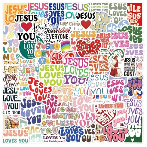 100 Stück Jesus Loves You Aufkleber Pack Jesus der Bibel Sticker Set wasserdichte Vinyl Sticker für Laptop Kinder Autos Motorrad Fahrrad Skateboard Gepäck Koffer Computer Aufkleber Graffiti Decal