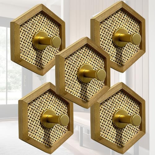 Autumn Alley Lot de 5 crochets hexagonaux en rotin pour manteaux, chapeaux et serviettes de salle de bain, avec support en métal doré, pour peignoir et serviette pour entrée, salle de bain ou cuisine