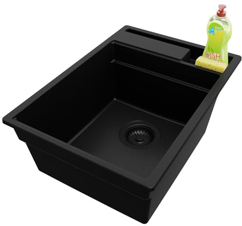 PRIMAGRAN Fregadero Cocina Todo Negro 38x53cm, Fregadero Granito 1 Seno + Sifón, Fregadero sobre encimera al mueble 40cm - Oslo Pocket