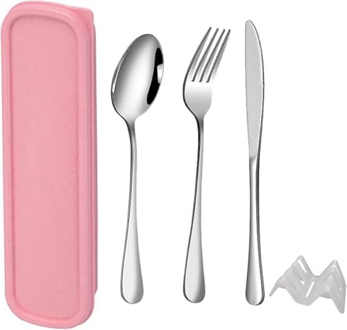 QZLSAYSL Couverts Lunch Box de Camping, étui Renforcé avec Boucle, Couvert de Voyage, Le Travail et l'école, Lavable au Lave-Vaisselle - 5pièces(rose pâle)