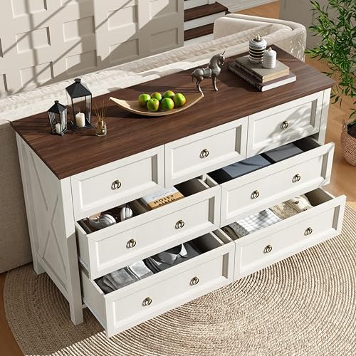 Lexiou Kommode, Weißes Sideboard, Esszimmerschrank im Vintage-Stil, mit Aluminium-Schubladengriffen, Walnussfarbene Arbeitsplatte, für Schlafzimmer, Wohnzimmer, 7 geräumige Schubladen