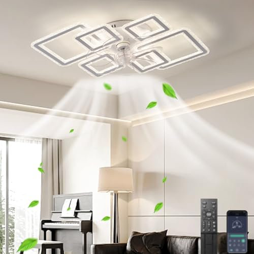 LASANYA Ventiladores De Techo Con Luz Silencioso De Cristal Blanco, Lampara Ventilador Techo Dormitorio Modernos, Cuadrado Lámpara Ventilador Salon Techo Regulable 7 Palas Temporizador