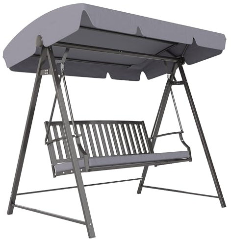 Outsunny Columpio de Jardín Exterior de 3 Plazas Balancín de Jardín Exterior con Toldo Ajustable Cojín y Estructura de Acero Carga 360 kg 205x133x181 cm Gris