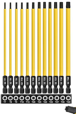 Saipor 12PCS T7-T40 Torx Screwdriver Bit Set 6 Inch / 150mm Long Star Screw Driver Drill Bits S2 Steel Magnetic Torx Head 1/4 Inch Hex Shank Security Tamper Proof Star 6 Point Impact Driver Bit