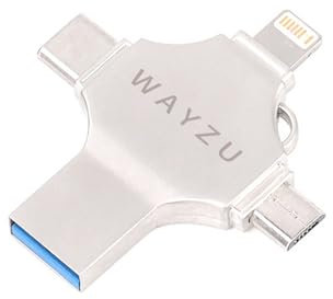 Wayzu® Chiavetta USB da 64 GB (4 in 1), compatibilità multi-dispositivo (Ip, tipo C, Adroid, USB A), chiavetta per smartphone, laptop, tablet, archiviazione portatile, trasferimento dati facile e