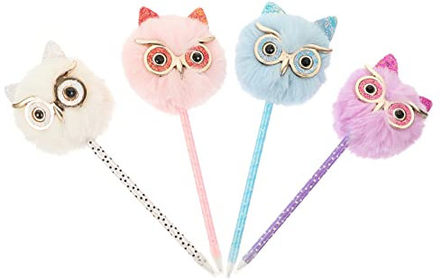 Angoily 4pcs Multi-function Fluffy Sign Pens Set Cute Owl Design Convenient Writing Gel Ink Pens Girls School Stationery