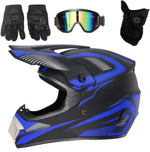 Casco da motocross, casco integrale da moto per uomo, bambino, giovane, casco integrale da downhill, caschi professionali con occhiali, guanti, protezione per il viso (blu-M)