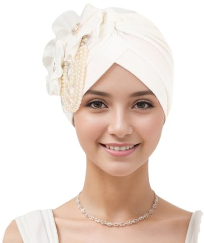 Wambere 1 Stück Muslimische Hijab-Kappen für Damen,Chemo-Kappe,Turban-Mütze,Kopftuch Kopfbedeckung mit Blumenperlen-Accessoires Dekorativer Turban Kappe Elastische Ethno-Hut,Haarausfall-Hut,Schwarz