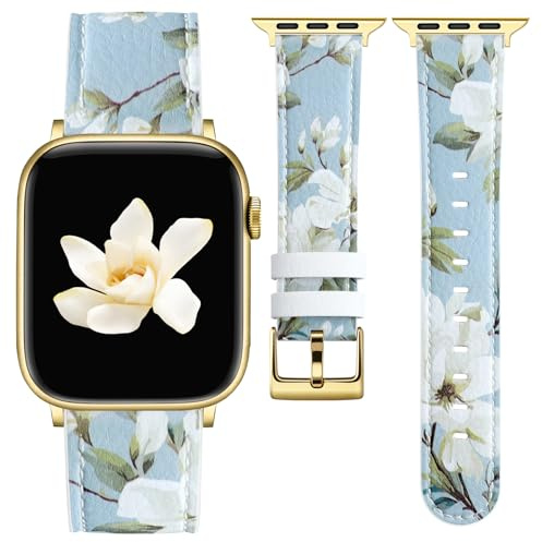 Newlibery Leather Bands Compatible with Apple Watch Bands for Women 38mm 40mm 41mm 42mm (S11/10) - Stylish Pattern Printed Genuine Leather Strap for iWatch Series 11 10 9 8 7 6 5 4 SE