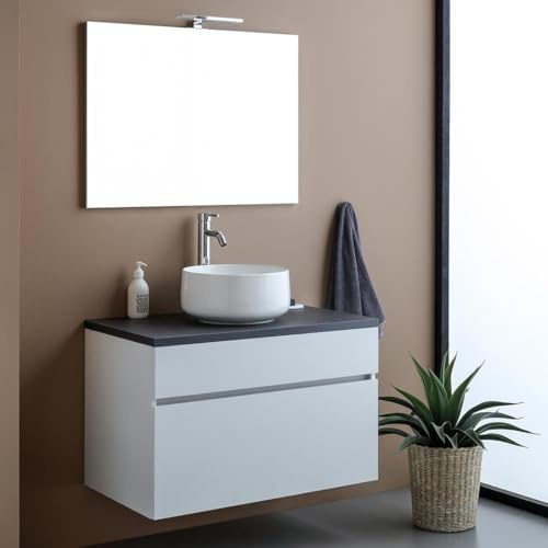 Kiamami Valentina - Mobile bagno sospeso 80cm bianco con top antracite completo di specchio 80x60 | Sole