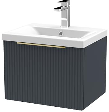 Balterley Vanity Unit with Basin Wall Hung, Single Drawer Soft Close with Mid Edge Sink and Handle, Bathroom Vanity Units with Basin, Fluted Front Sink Cabinet - 510 x 390 x 399mm (Dark Grey)