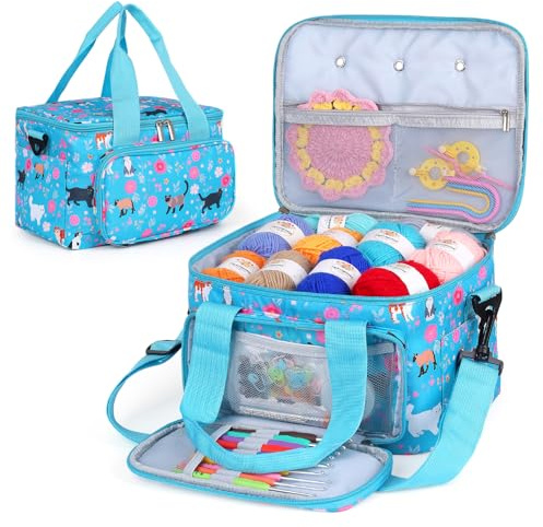 Coopay Knitting Bags for Wool Storage, Crochet Bags with Compartments, Portable Crochet Bag with Shoulder Strap, Knitting Bags and Knitting Organizers, Yarn Storage Bag, Blue Cat