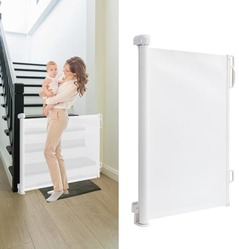 Peviasot Treppenschutzgitter, Türschutzgitter Ausziehbar 0-180cm, Baby-Treppengitter, Babygitter mit Netz, Haustierbarriere, Türgitter mit Drehverschluss, für Innen- und Außenbereich, Weiß