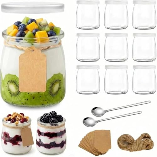 Vasetti Per Yogurt,Vasetti Vetro Piccoli,Bicchieri Yogurt 200 ml,12 Pezzi | Contiene 12 etichette, 12 cordini e 2 cucchiai per conservare dessert, marmellata, budino e yogurt