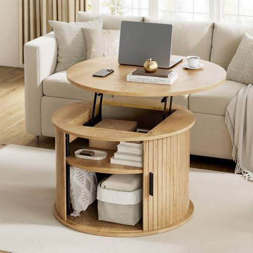 Mossora Wood Round Lift Top Fluted Coffee Table with Storage, 68*68*50cm