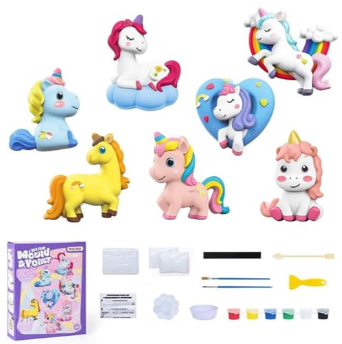 LIULINY Kit Pintura Unicornio Juguetes, Manualidades para Niños con 7 Diferente Unicornios, Juego para Pintar y Arte de Escayola, para Cumpleaños Unicornio Regalo para Niña Niños 4 5 6 7 8 9 años