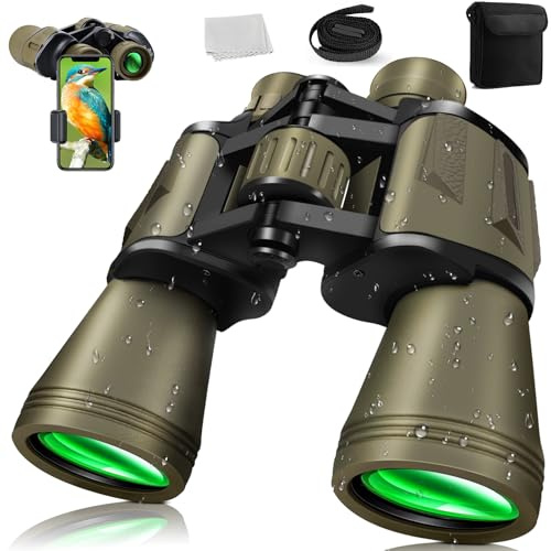 Binocolo 20x50 per Adulti con Visione Notturna Binocolo Impermeabile HD con Prisma BAK4 e Lente FMC Telescopio Portatile per Birdwatching, Calcio, Concerti con Adattatore per Smartphone