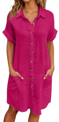 Générique Robe Lin Coton Femme Ete Chic Elegant Tunique Robe Manches Courtes Ample Casuel Couleur Unie Robes avec Boutons Col V Robes De Plage Grandes Tailles Dress pour FêTe Vacances S-4XL