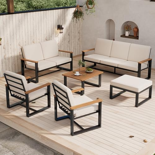 QXJVA Gartenmöbel Set wetterfest Beige, Lounge Möbel Outdoor 6-teilig mit Sofa Sessel Tisch Hocker, Balkonmöbel Sitzgruppe aus Stahl & Akazienholz für Garten und Terrasse