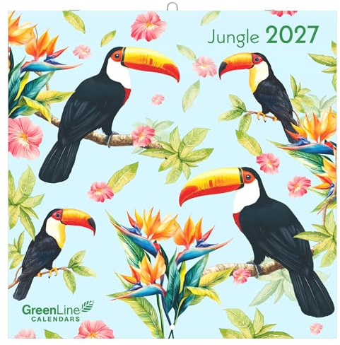 Jungle 2027: Wandkalender 30x30 cm (30x60 geöffnet) mit exotischen Urwald-Illustrationen und 6-sprachigem Kalendarium