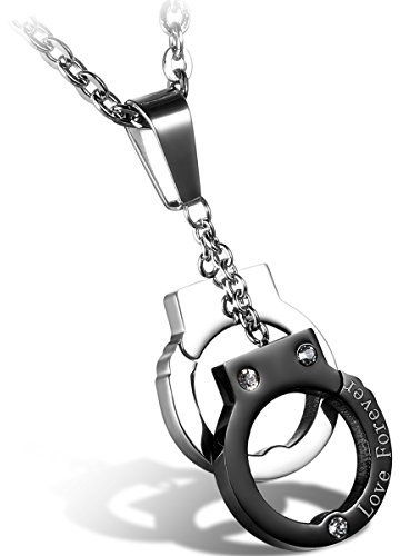 Flongo Love Forever Edelstahl Anhänger Halskette CZ Zirkon Zirkonia Schwarz Silber Handschellen Punk Rock Herren,mit 55cm Kette
