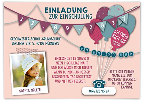 Personalisierte Mädchen Einschulung Einladungskarten (10 bis 100 Stück wählbar) erster 1. Schultag Einschulungskarten - Fahnen Girlande in Rosa, eigenes Foto, festes Papier, DIN A6