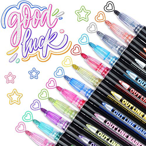 Sinwind Outline Marker, 12 Farbe Magische Stifte Kinder Glossy Magic Stifte Outline Stift für Weihnachten Karten Scrapbooking Gästebuch Fotoalbum Zubehör Handlettering Adventskalender