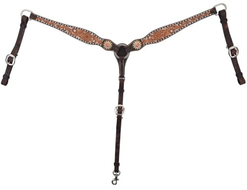 Circle Y White Daisy Filigree Tooling Durable Versatile Western Horse Size Equine Breast Collar with White Buckstitch Lining