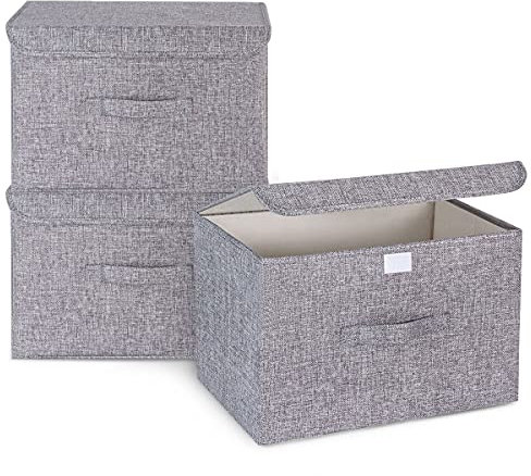 3Pcs Fabric Storage Boxes With Lids For Wardrobe Clothes Toy Foldable Linen 37 * 24 * 25cm (Grey)