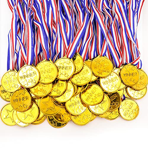 Darovly 50 Stück Gold-Kunststoff-Gewinner-Medaillen mit Band-Halsketten für Sport, Spiele, Wettbewerb, Studenten, Talentshow, Partys, Gastgeschenke oder Dekoration, Kunststoff Nylon, Kein Edelstein