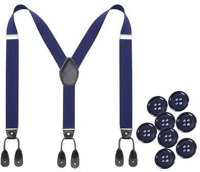 Kajeer Mens Button Braces for Trousers - 1.37 Inches Adjustable Faux Leather Suspenders for Men’s Heavy Duty with 8 Buttons (Navy blue)