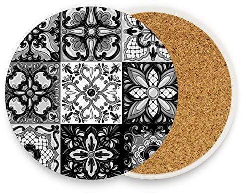 Mexican Talavera Ceramic Tile Ethnic Folk Ornament Italian Pottery 1 PC Ceramic Mug Coaster for Drinks, Stone Coasters Holder with Cork Base, Oversize Cup Mat Pad for All Mugs, Housewarming Gift