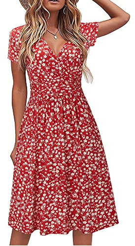 STYLEWORD Robe d'été à Manches Courtes pour Femme Robe d'été à col en V Floral Wrap Taille Robe décontractée avec Poches(floral19,XXL)