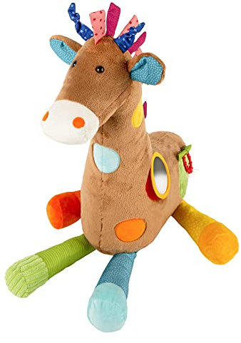 SIGIKID 42863 Babyspielzeug XXL Giraffe, PlayQ Lernspielzeug, Kissen-Plüschtier mit Beißring, Rassel, Spiegel, Quietsche, für Babys & Kinder ab 3 Monaten, Mehrfarbig/Giraffe 72 cm