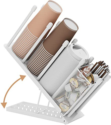 Ovicar Cup and Lid Holder - Adjustable 4 Compartment Disposable Cup Dispenser with Coffee Pod Straw Storage Basket for Bar Countertop Breakroom Metal White