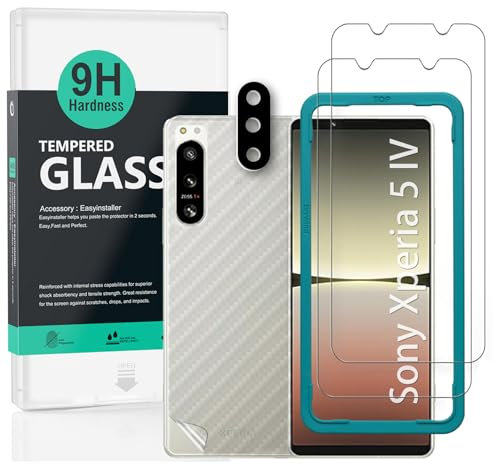 Ibywind Schutzfolie für Sony Xperia 5 IV 5G(6,1 Zoll),mit 2 Stück gehärtetem Glas,1 Stück Kameraobjektivschutz,1 Stück Kohlefaser-Rückseite [Fingerabdruckleser,keine Blasen]