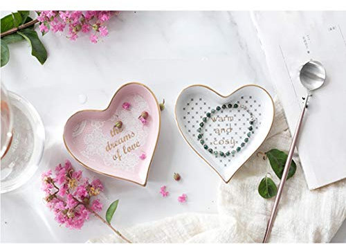 Plato de cerámica con forma de corazón súper lindo, bandejas de joyería, cuenco decorativo rosa dulce para boda, ducha, fiesta nupcial niñas mujeres (color: blanco)