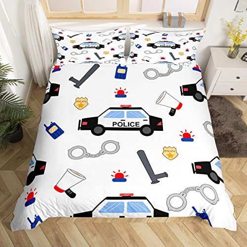 Police Car Duvet Cover Set Policeman Vehicle Comforter Cover Automobile White Bedding Set Cartoon Car Pattern Bedspread Cover for Kids Boys Girls Double Size With 2 Pillow Case