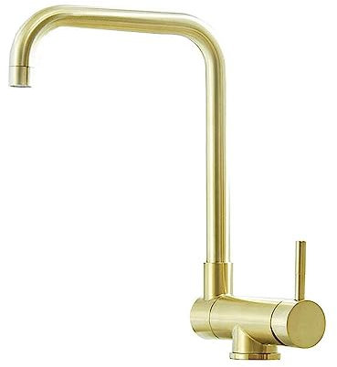 HomeLava Grifo cocina abatible, Grifo cocina plegable de 90 °, Grifo fregadero bajo ventana, Giratorio de 360°, Mezclador fregadero agua fría y caliente, Acero inoxidable 304, Dorado