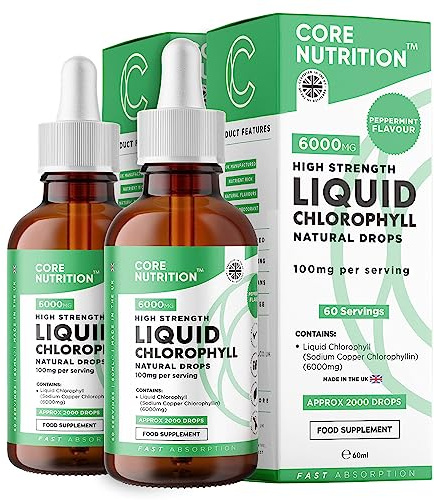Liquid Chlorophyll Drops for Water - High Strength of 12,000mg per 2X 60ml Bottle at 4X Concentration - 4 Month Supply of Chlorophyll Liquid Drink - Made in UK by Core Nutrition (2X Pack)