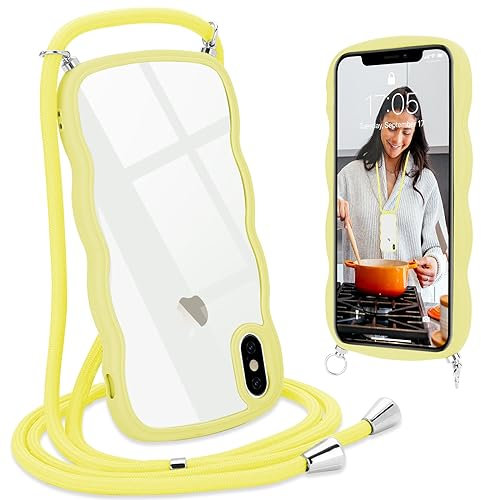 L-FADNUT Handykette für iPhone X iPhone XS Hülle mit Band, Silikon Wellen Rahmenform Handyhülle mit Kordel zum Umhängen, Transparent Schutzhülle Case für iPhone X iPhone XS, Gelb