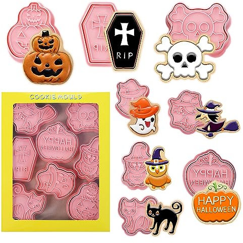 Halloween-Ausstechformen, 8 Stück, Keksstempel mit niedlichem Kürbis, Geist, Katze, Totenkopf, Eule, Hexe und Sarg, 3D-Mini-Halloween-Keks-Backzubehör, kleine Kunststoff-Keksform