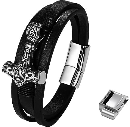Flongo Bracelet Homme en Cuir Tressé Multirang Marteau de Thor,Bracelet Vikings Homme Réglable avec Boucle à Loquet,Bracelet Amulette,Cadeau pour Homme