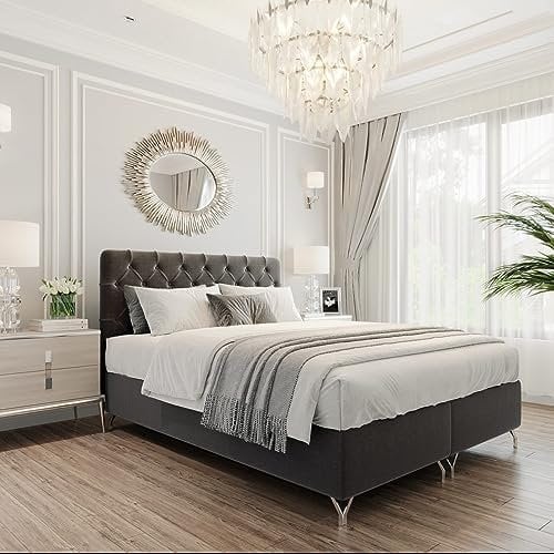 Boxspringbett GracePLUS 200x200 Schwarz Doppelbett Bett mit Bonellmatratze Topper und Bettkasten Glamour Polsterbett mit silbernen 12 cm Beinen Modern Schlafzimmer Vintage Schlafzimmerbett
