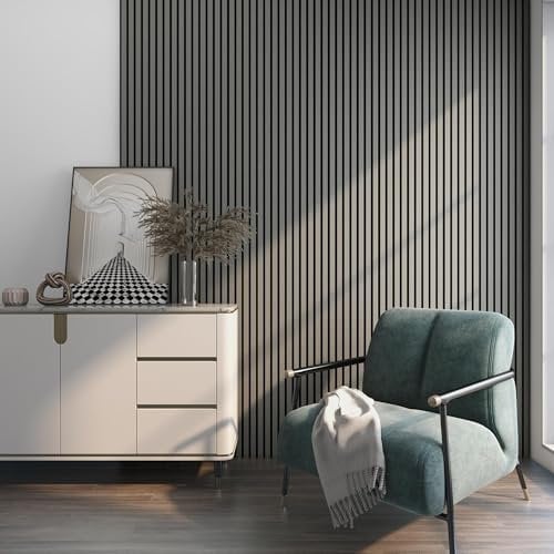 NEU.HOLZ Akustik Wandpaneele Vang 12er Set Wandverkleidung zum Kleben und Schrauben 8,64 m² Holzfurnier 3D Paneele Lamellen in Eichenoptik, hellgrau
