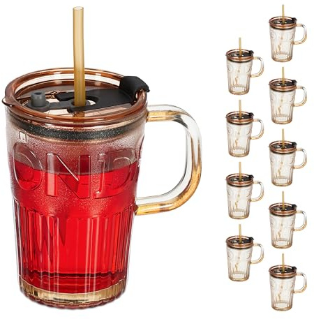Relaxdays Jarre avec paille, couvercle et anse, lot pratique de 10, volume : 450 ml, pour votre smoothie, marron clair