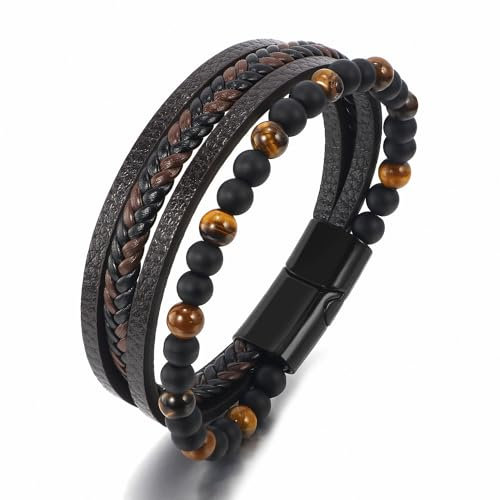 Personalised Mens Bracelet Leather Brown Multi-Layer Bracelet for Men Clasp Rope Wristband for Boyfriend Husband Dad | Gift for Christmas, Birthday, Wedding, Anniversary, Father's Day